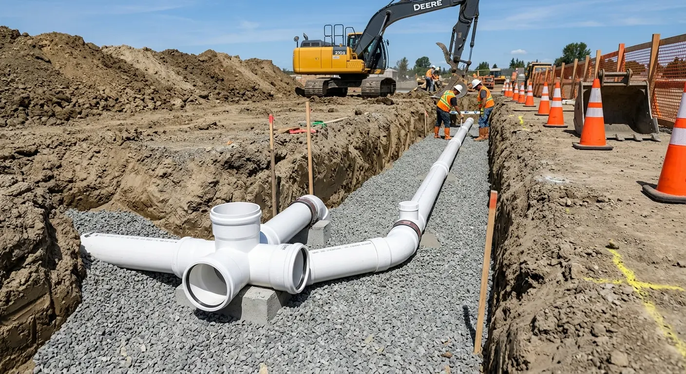 New PVC sewer pipe installation in open trench for Sewer Backup in Cedar City