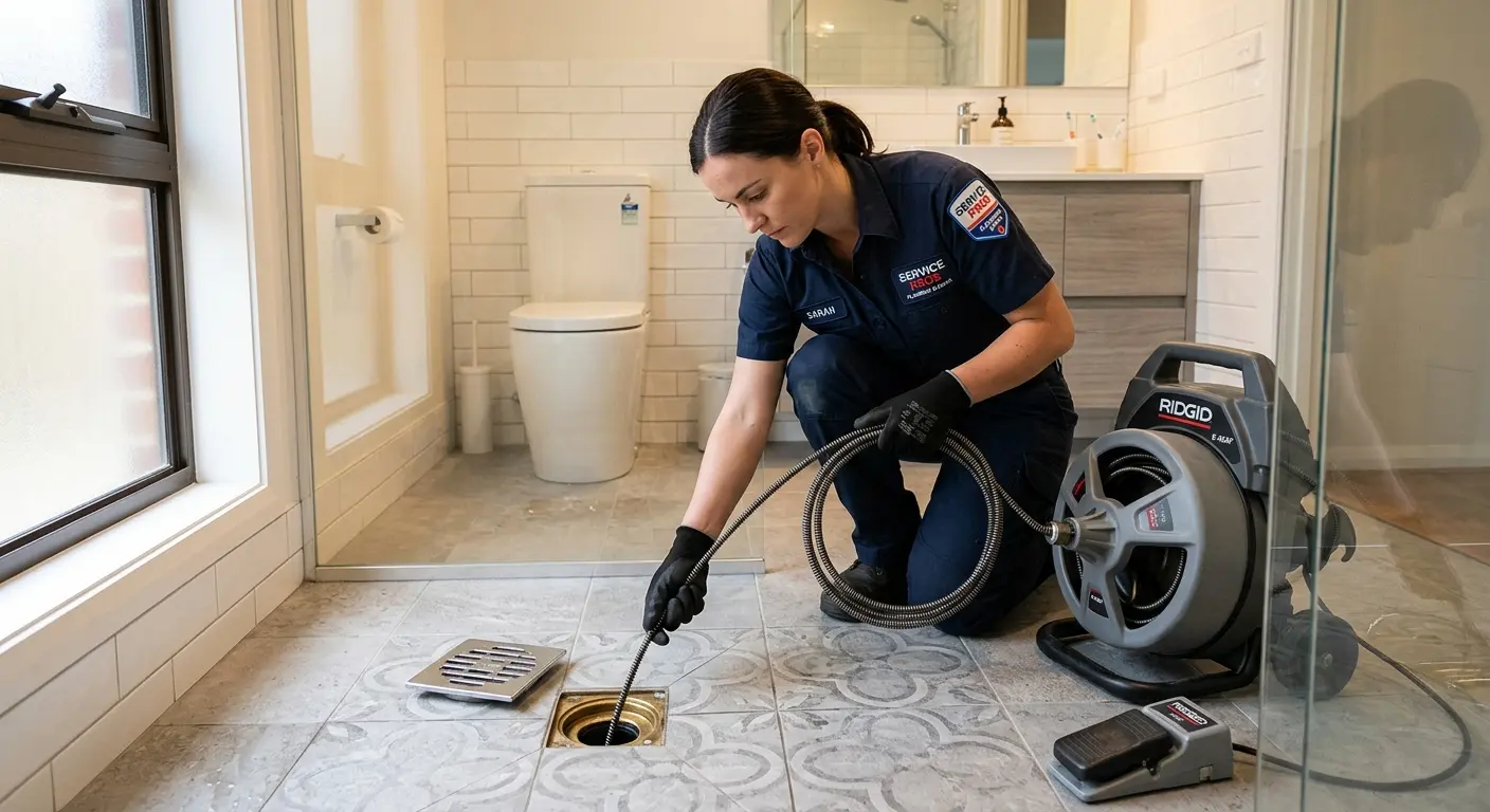 Technician clearing a bathroom floor drain for Drain Cleaning in Cedar City
